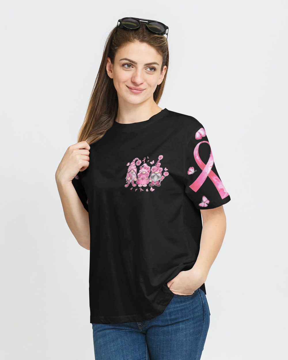 Hope For A Cure Gnome Pink Ribbons Flag Women's Breast Cancer Awareness Tshirt