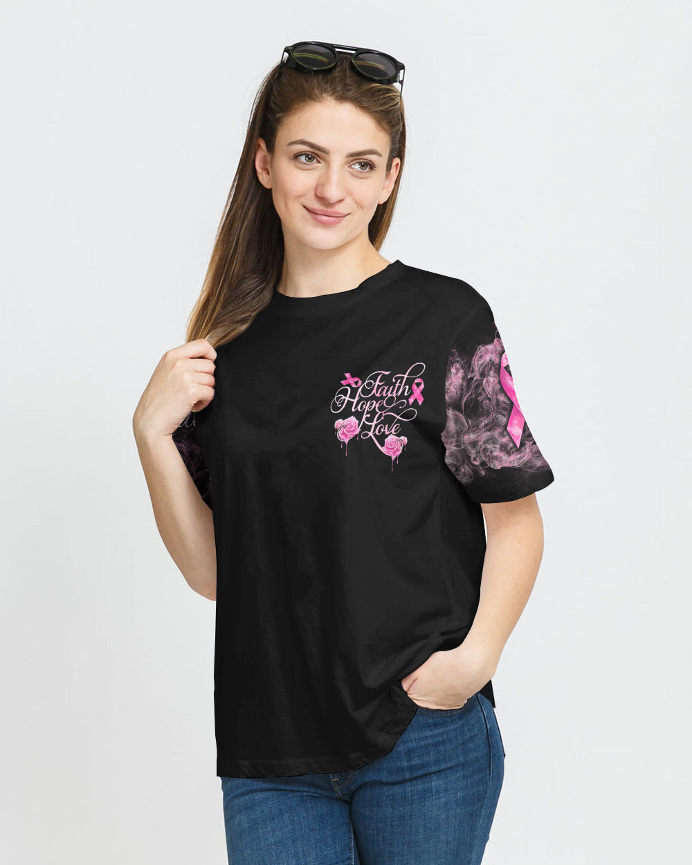 Strength Rose Cross Ribbon Women's Breast Cancer Awareness Tshirt