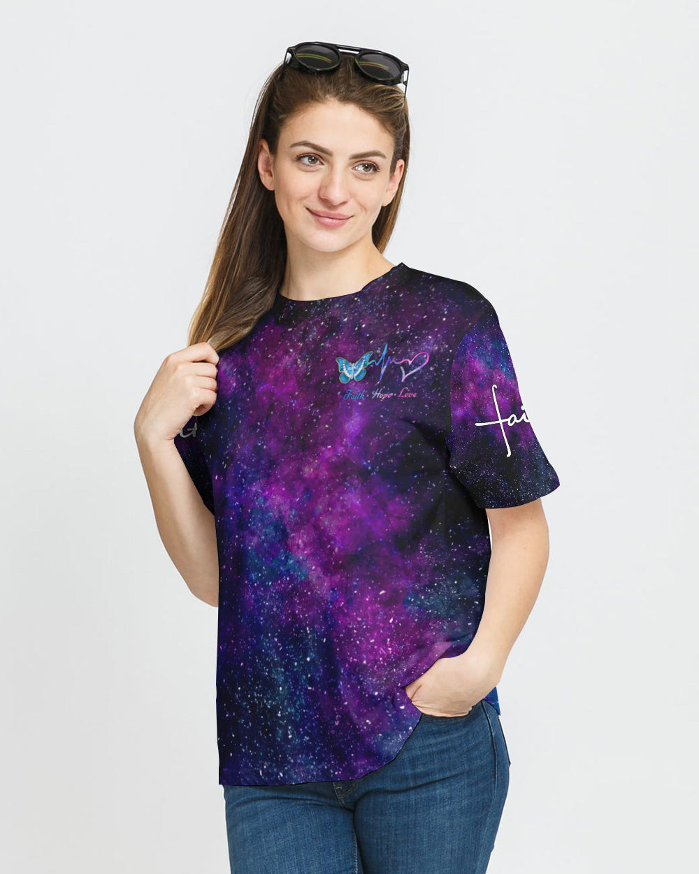Faith Hope Love Galaxy Butterfly Cross Women's Christian Tshirt
