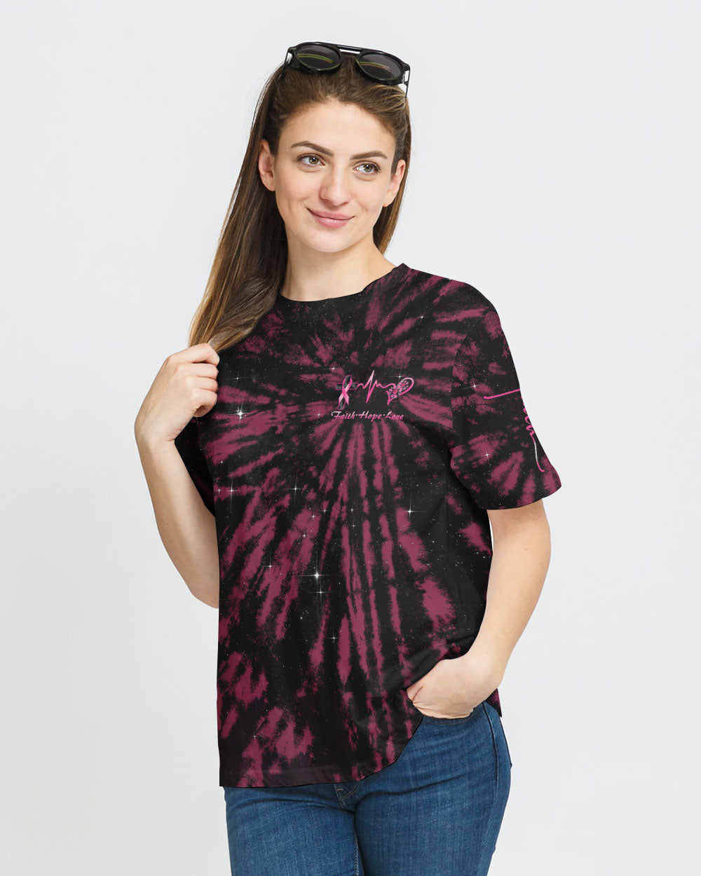 Cross Wing Sunflower Tie Dye Pink Ribbon Women's Breast Cancer Awareness Tshirt