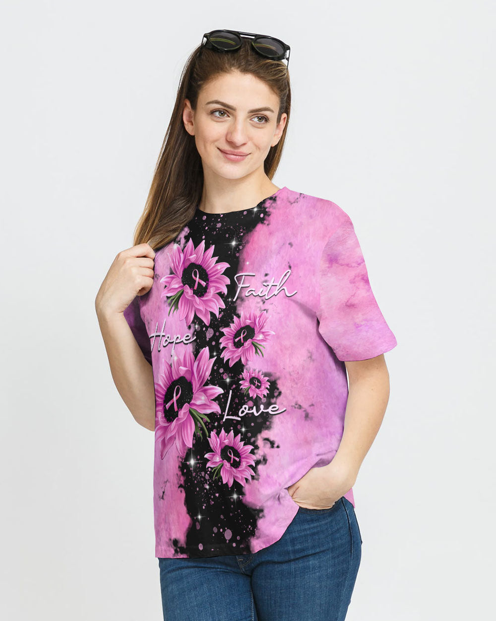 Faith Hope Love Pink Sunflower Women's Breast Cancer Awareness Tshirt