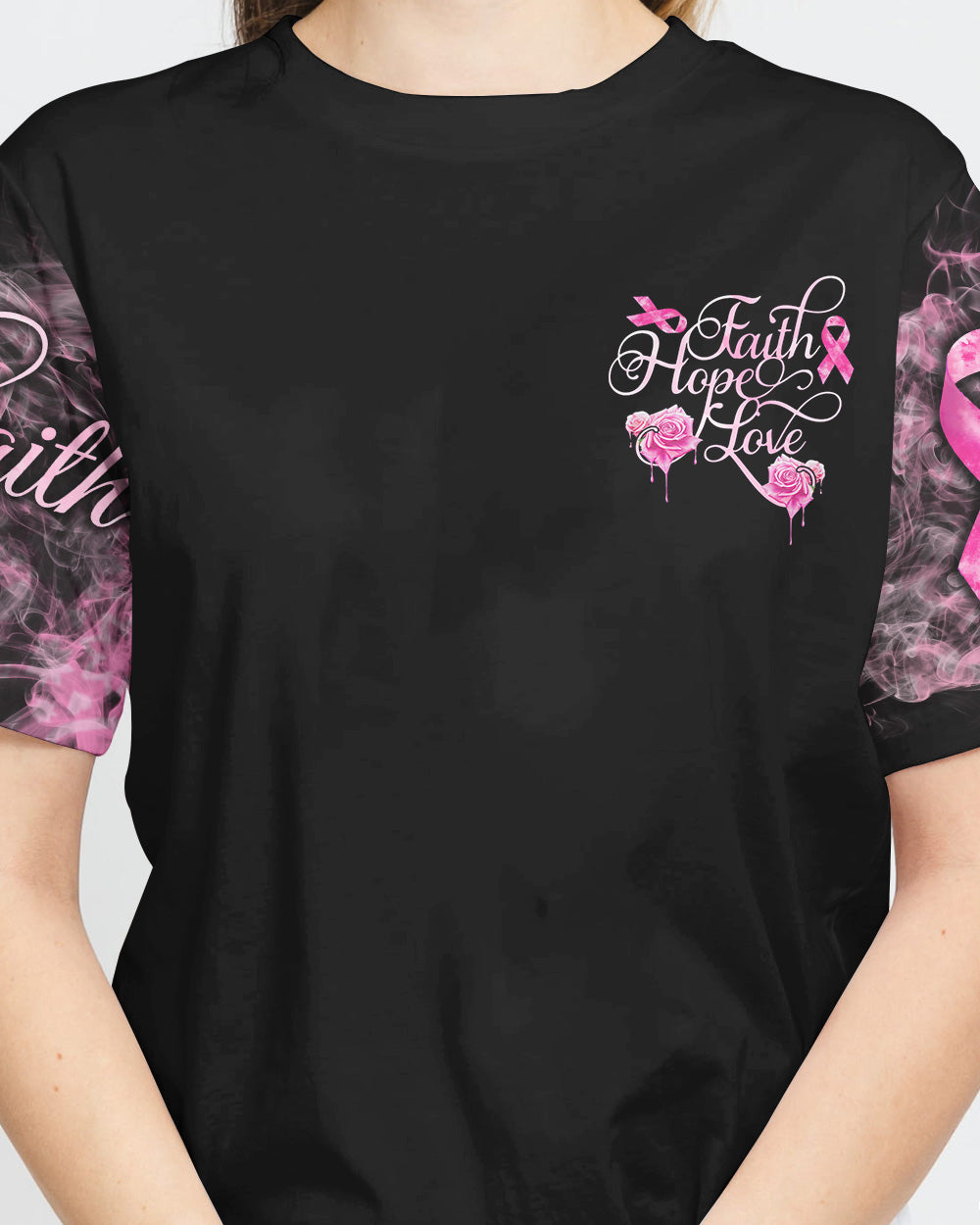 Strength Rose Cross Ribbon Women's Breast Cancer Awareness Tshirt