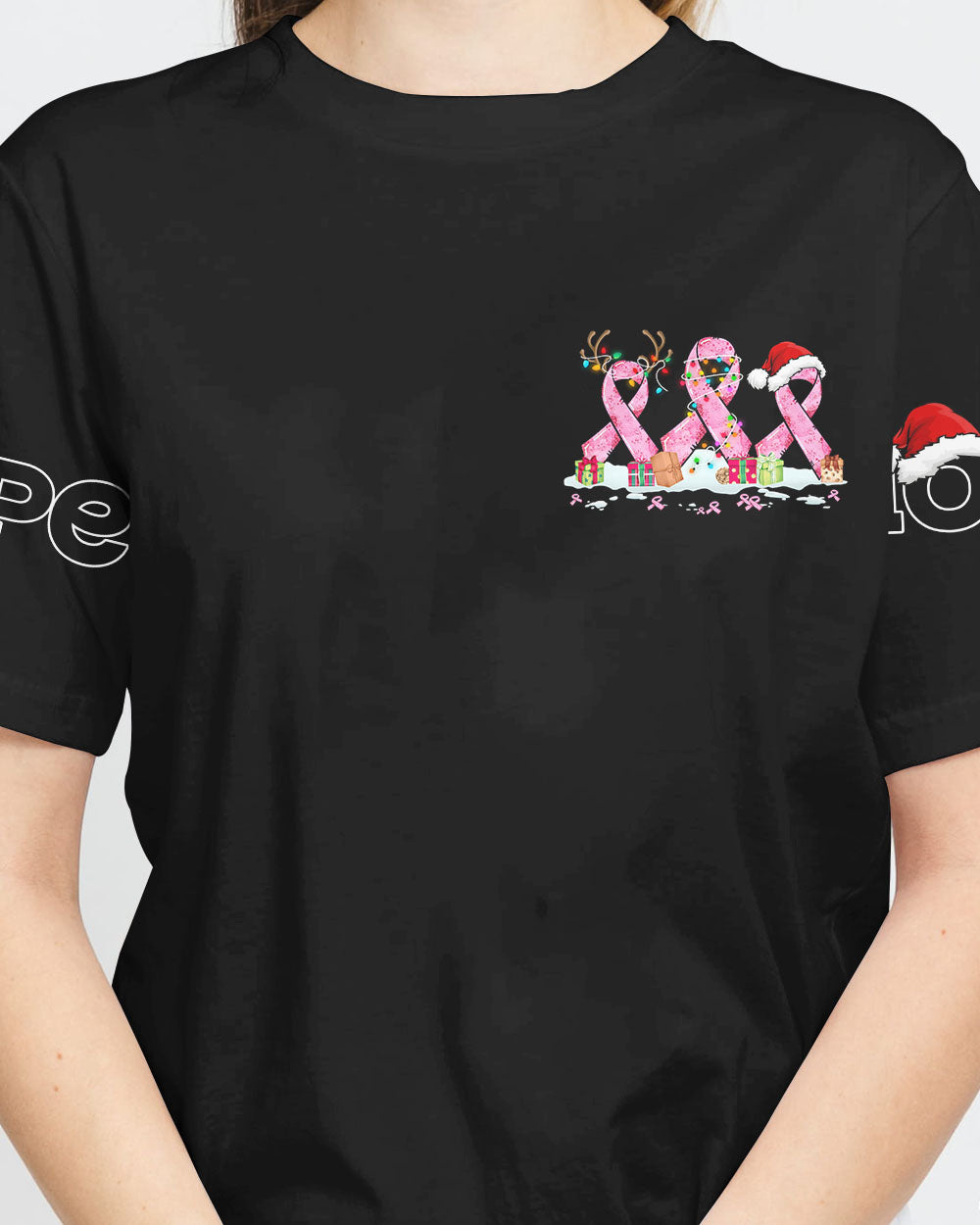 Hope For A Cure Ribbon Christmas Women's Breast Cancer Awareness Tshirt