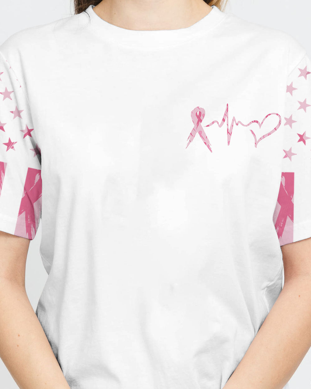 Pink Flag Ribbon Heart Beat Women's Breast Cancer Awareness Tshirt