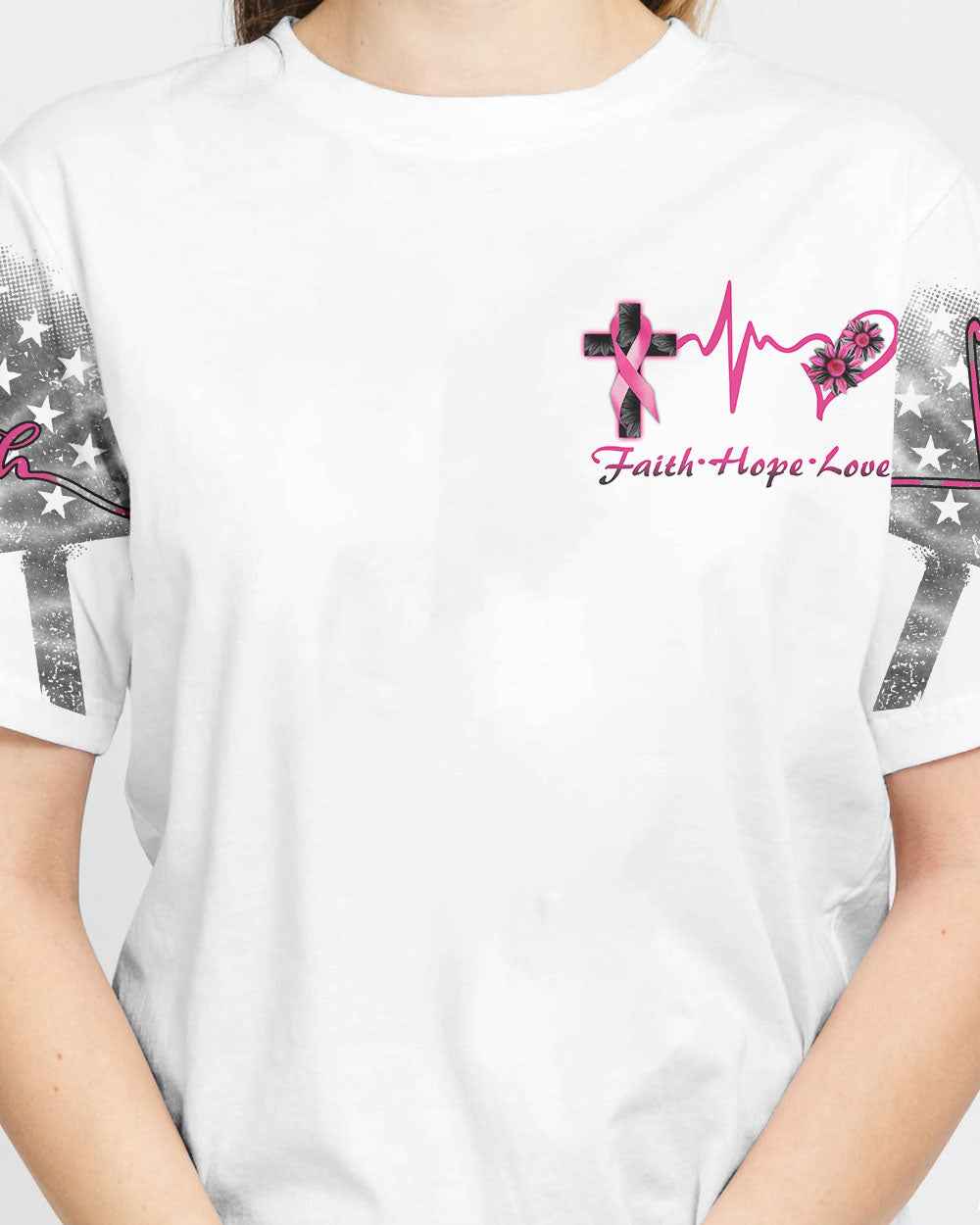 White Faith Cross Ribbon Wings Women's Breast Cancer Awareness Tshirt