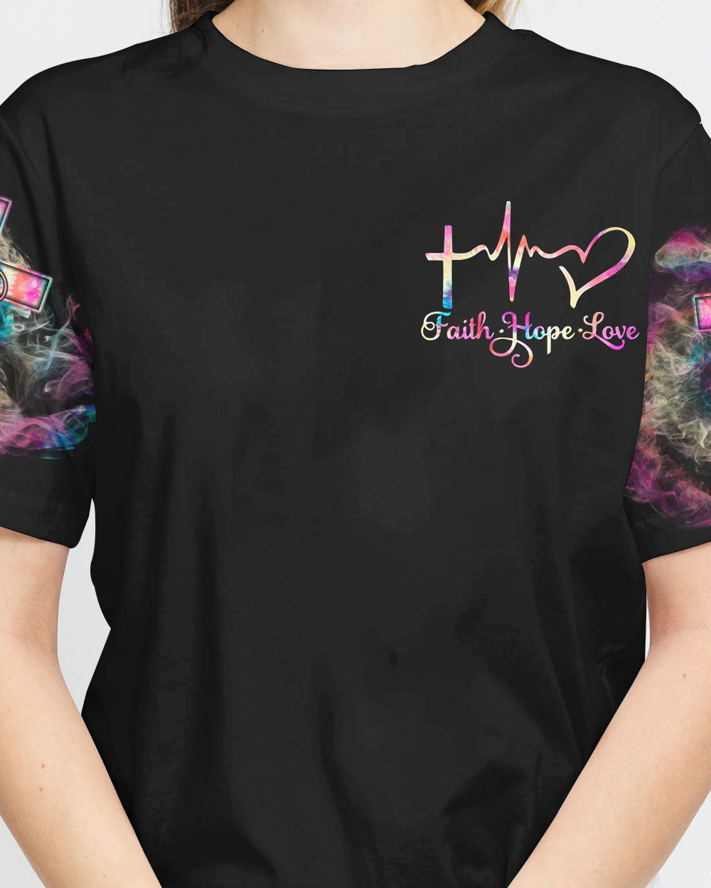 Tie Dye Butterfly Cross Faith With Rose Women's Christian Tshirt