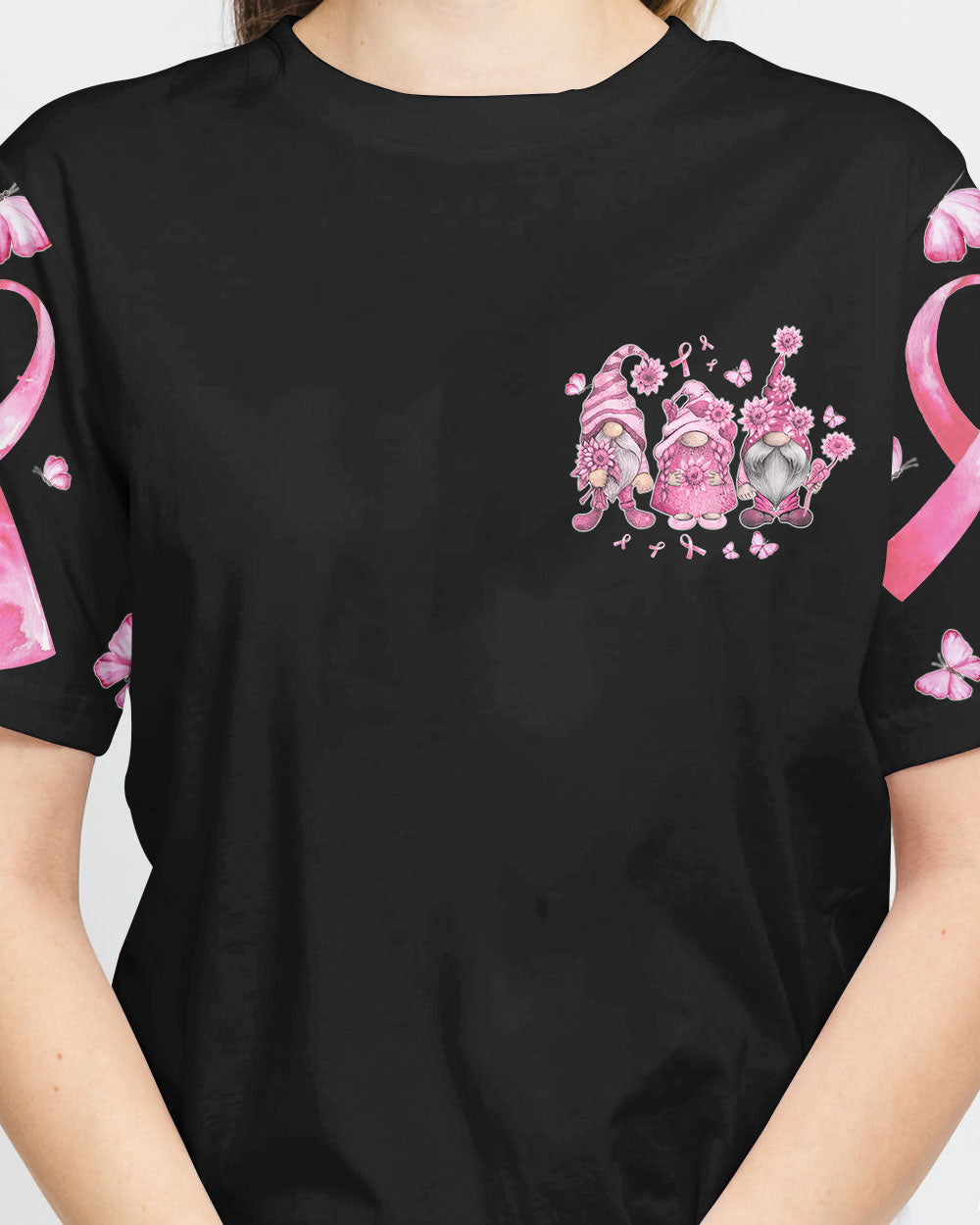 Hope For A Cure Gnome Pink Ribbons Flag Women's Breast Cancer Awareness Tshirt