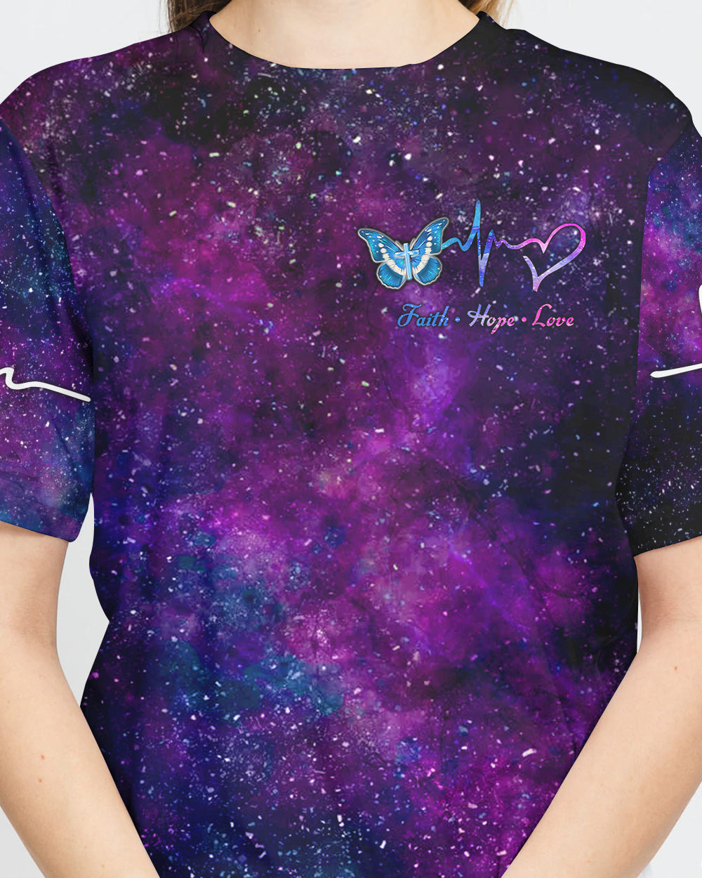 Faith Hope Love Galaxy Butterfly Cross Women's Christian Tshirt