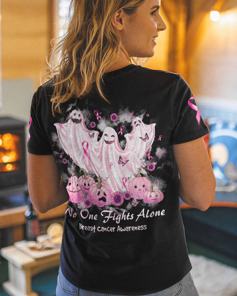 No One Fights Alone Boo Halloween Women's Breast Cancer Awareness Tshirt
