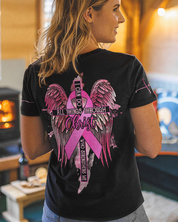 I Can Do All Things Through Christ Pink Wings Cross Ribbon Women's Breast Cancer Awareness Tshirt