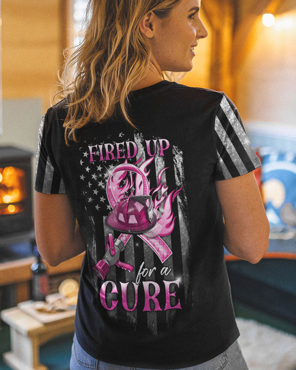 Fired Up For A Cure Flag Women's Breast Cancer Awareness Tshirt