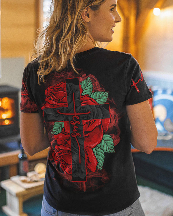 Jesus Cross Red Rose Women's Christian Tshirt