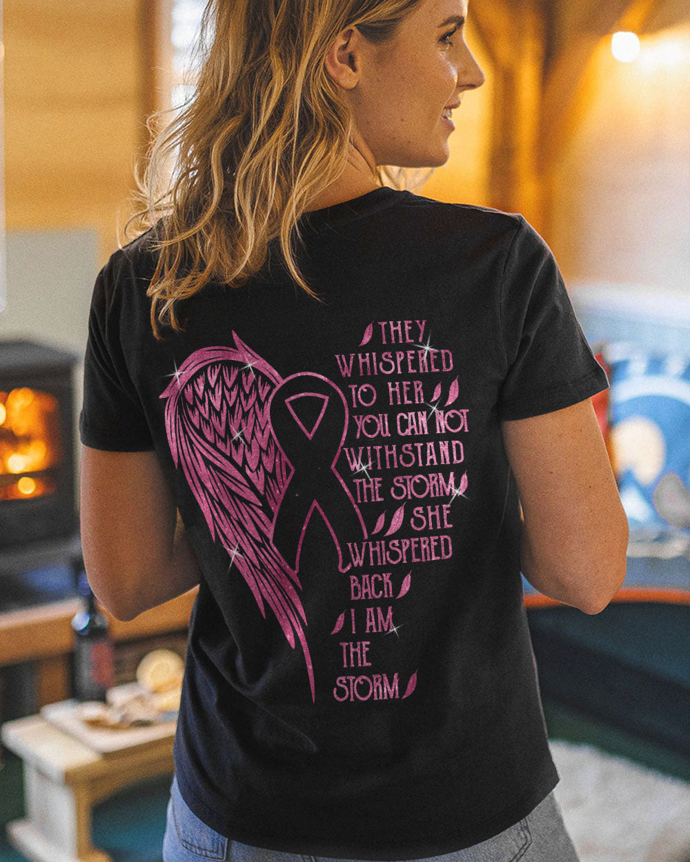 They Whispered To Her You Cannot Withstand The Storm Half Wing Ribbon Women's Breast Cancer Awareness Tshirt