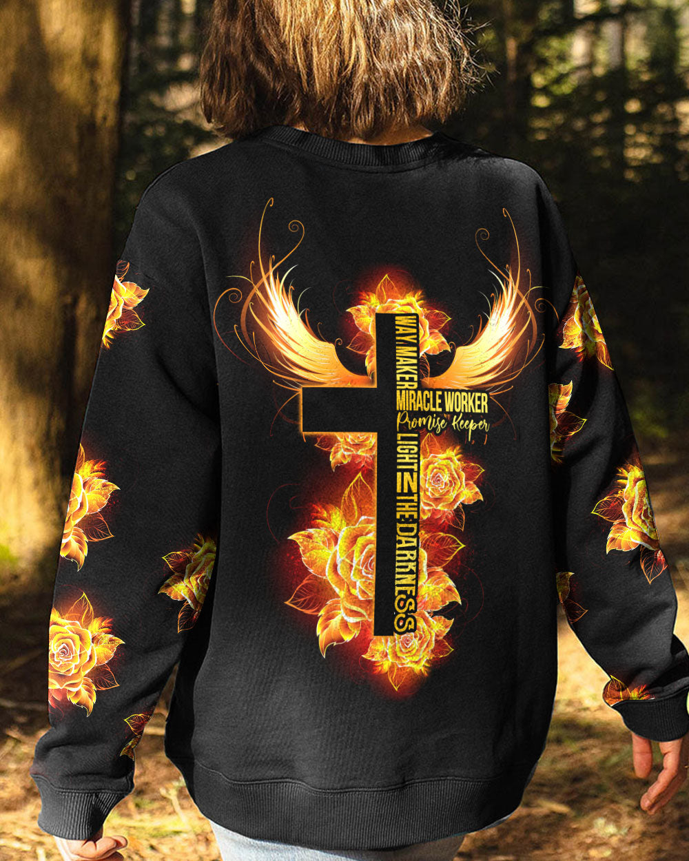 Way Maker Miracle Worker Gold Rose Cross Women's Christian Sweatshirt