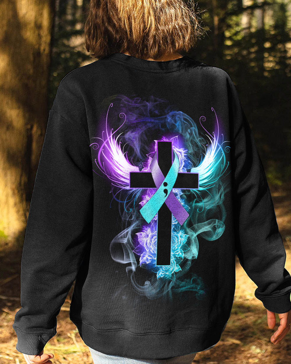 Blue Purple Wing Rose Cross Smoke Women's Christian Sweatshirt