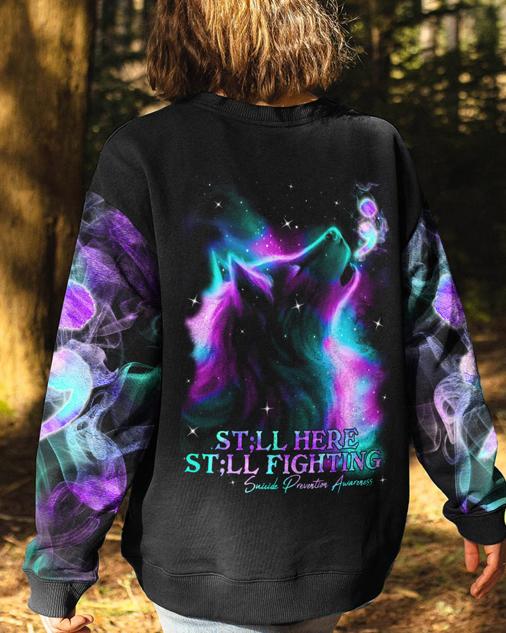 Still Here Still Fighting Wolf Colorful Women's Suicide Prevention Awareness Sweatshirt