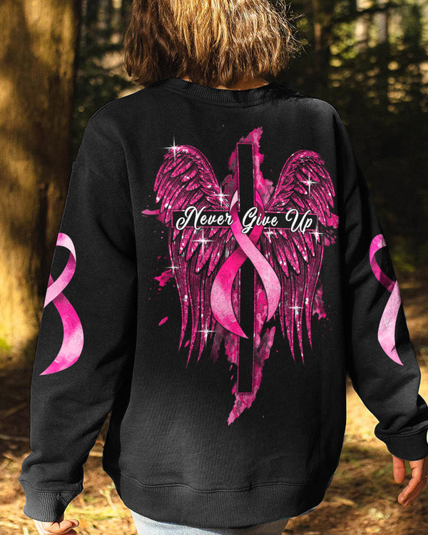 Never Give Up Glitter Wings Women's Breast Cancer Awareness Sweatshirt
