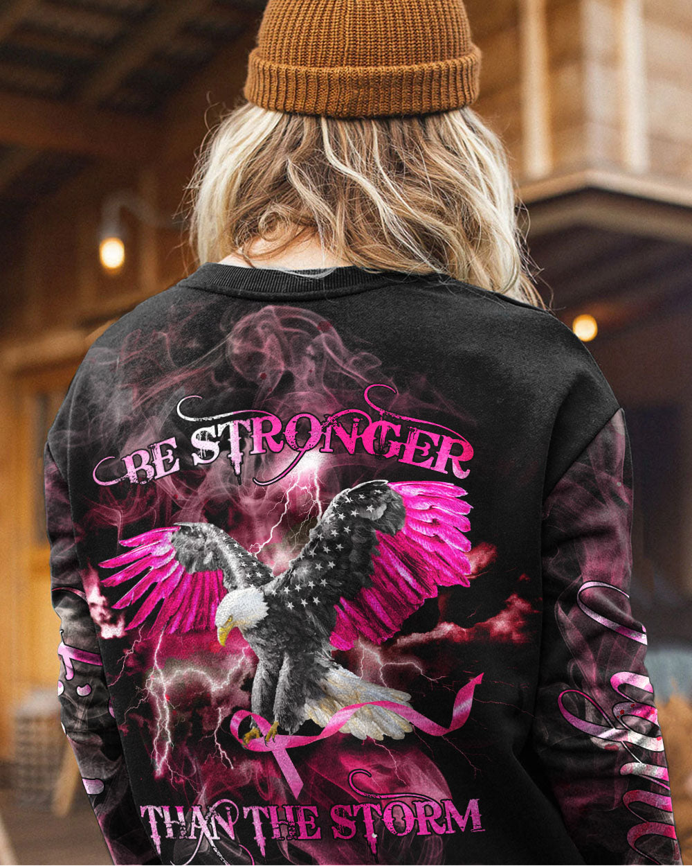 Be Stronger Than The Storm Eagle Pink Smoke Women's Breast Cancer Awareness Sweatshirt
