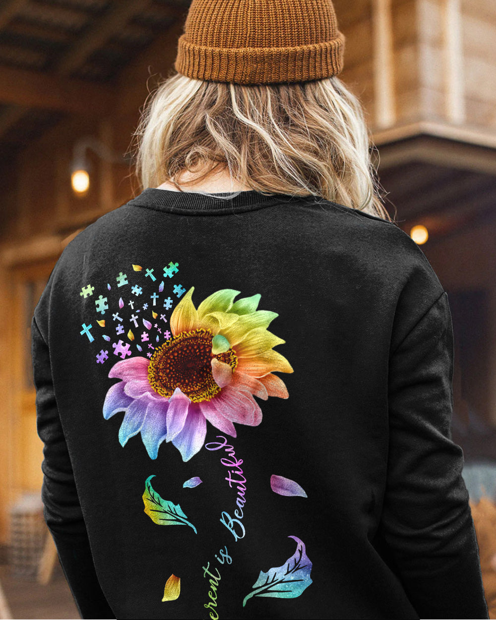 Different Is Beautiful Rainbow Sunflower Women's Autism Awareness Sweatshirt