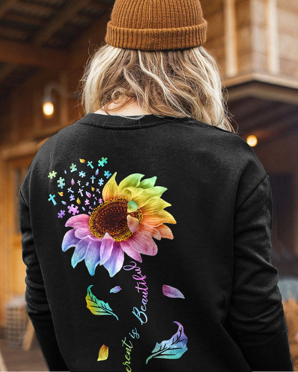 Different Is Beautiful Rainbow Sunflower Women's Autism Awareness Sweatshirt