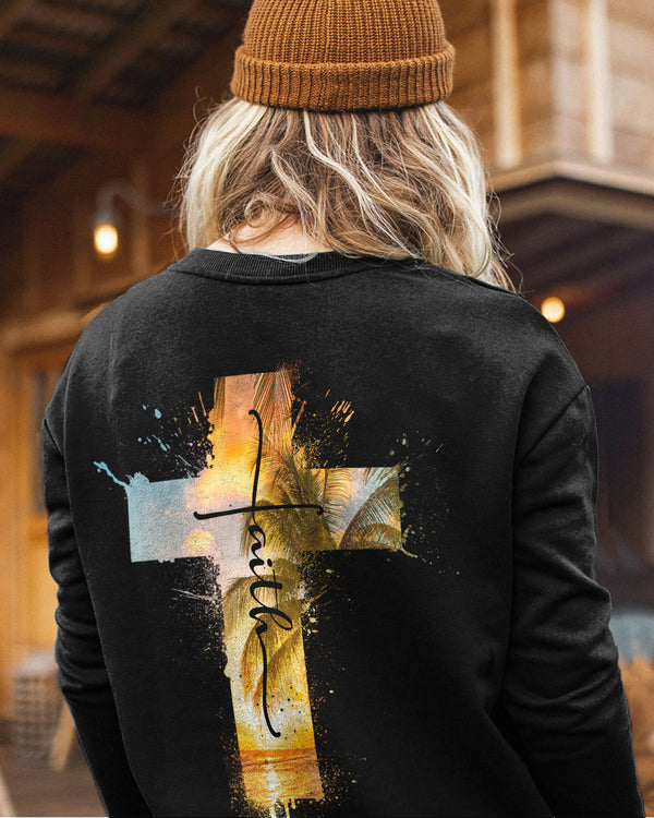 Faith Cross Sunset Beach Watercolor Women's Christian Sweatshirt