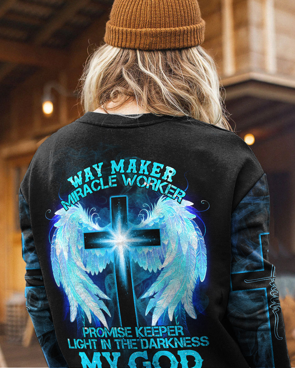 Way Maker Miracle Worker Promise Keeper Light In The Darkness Light Cross Wings Smoke Women's Christian Sweatshirt