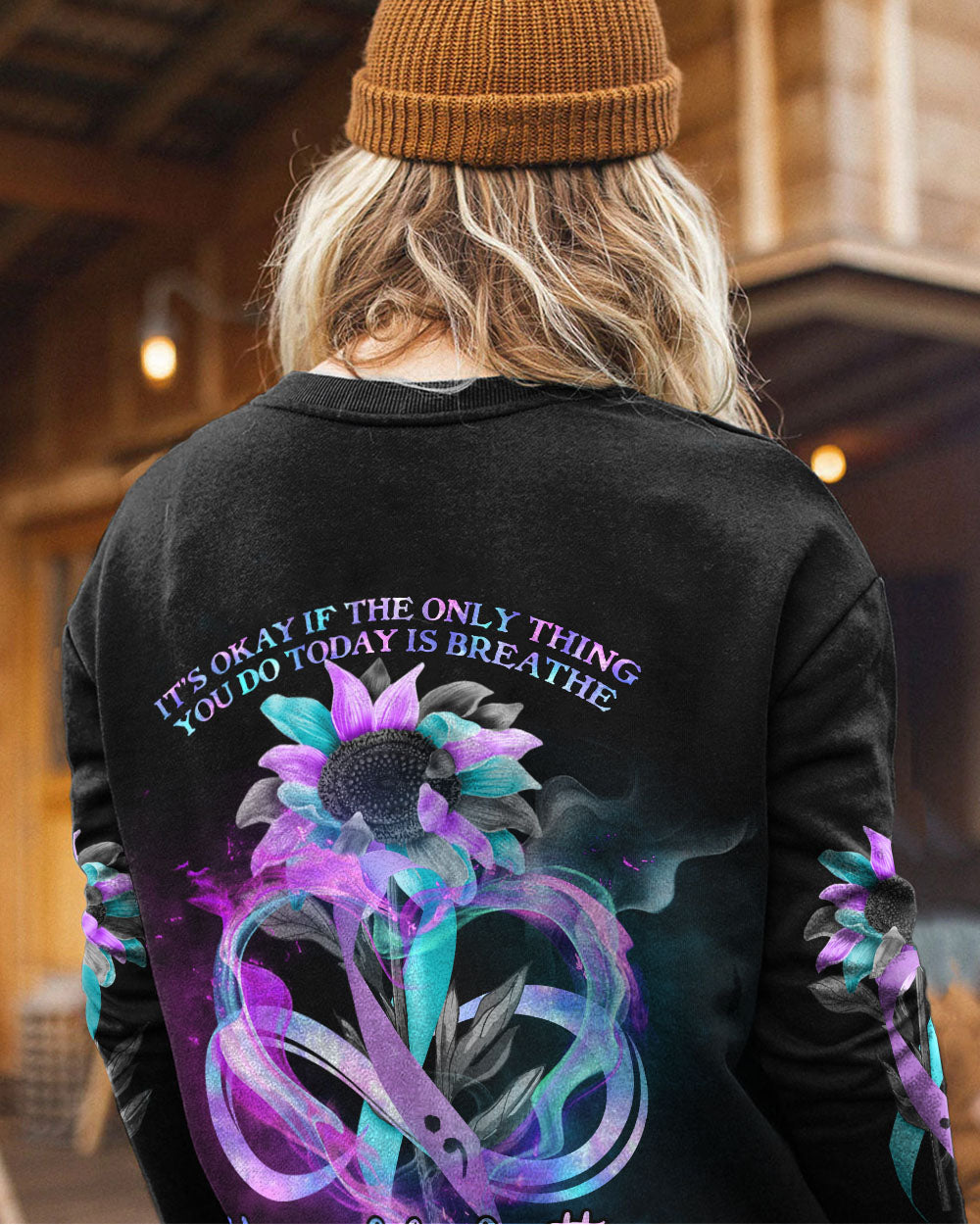 It's Okay If The Only Thing You Do Today Is Breathe Sunflower Smoke Ribbon Women's Suicide Prevention Awareness Sweatshirt