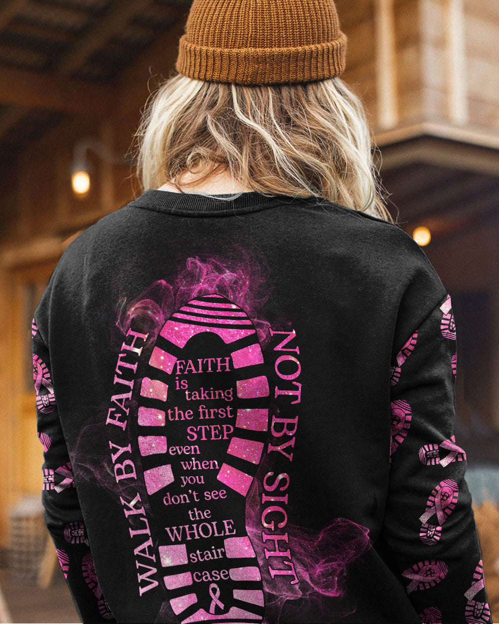 Walk By Faith Not By Sight Smoke Women's Breast Cancer Awareness Sweatshirt
