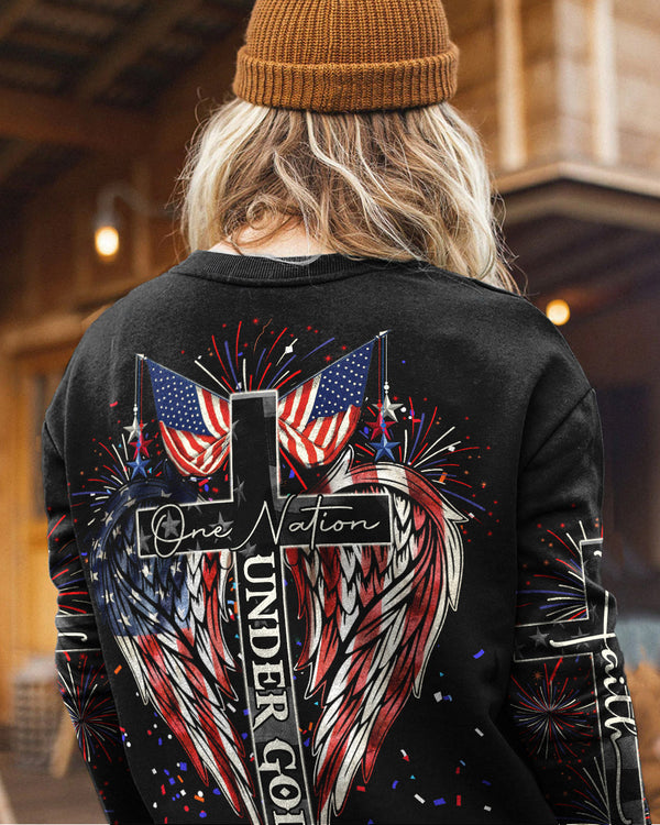 One Nation Under God Cross Wings Independence Day Women's Christian Sweatshirt