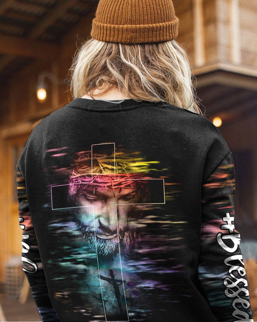Faith Over Fear Jesus Cross Colorful Water Women's Christian Sweatshirt