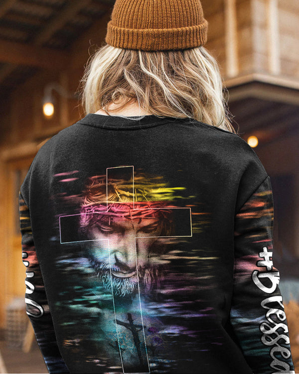 Faith Over Fear Jesus Cross Colorful Water Women's Christian Sweatshirt