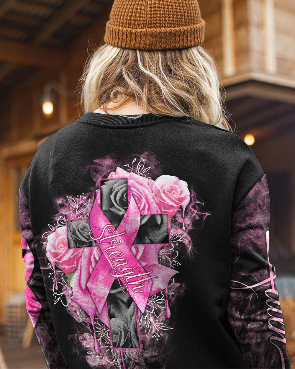 Strength Rose Cross Ribbon Women's Breast Cancer Awareness Sweatshirt