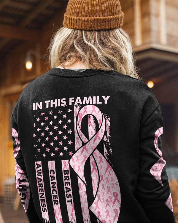 In This Family No One Fights Alone Pink Ribbon Flag Women's Breast Cancer Awareness Sweatshirt