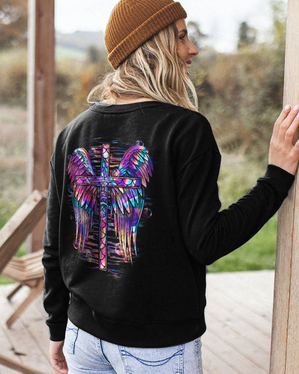 Faith Cross Wings Mermaid Hologram Texture Women's Christian Sweatshirt