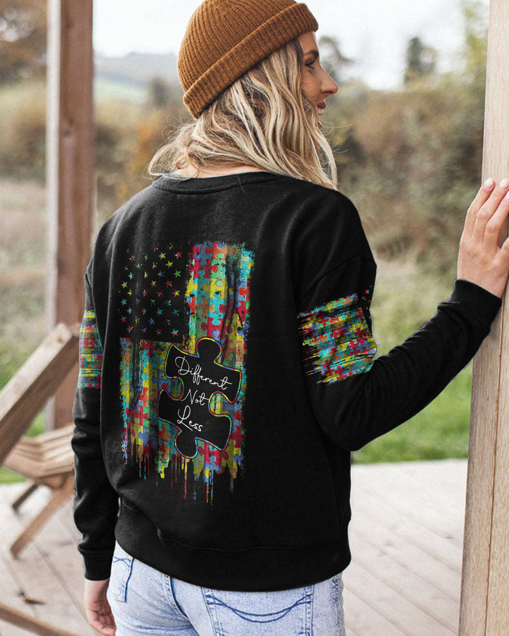 Different Not Less Flag Women's Autism Awareness Sweatshirt
