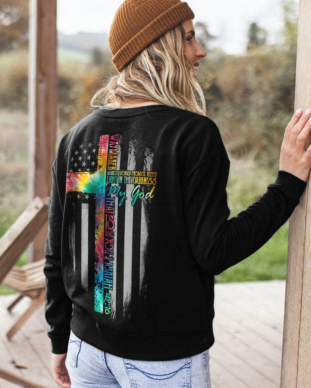 Way Maker Miracle Worker Tie Dye Flag Cross Women's Christian Sweatshirt