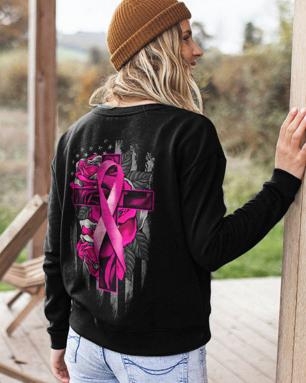 Rose With Ribbon Cross Flag Women's Breast Cancer Awareness Sweatshirt