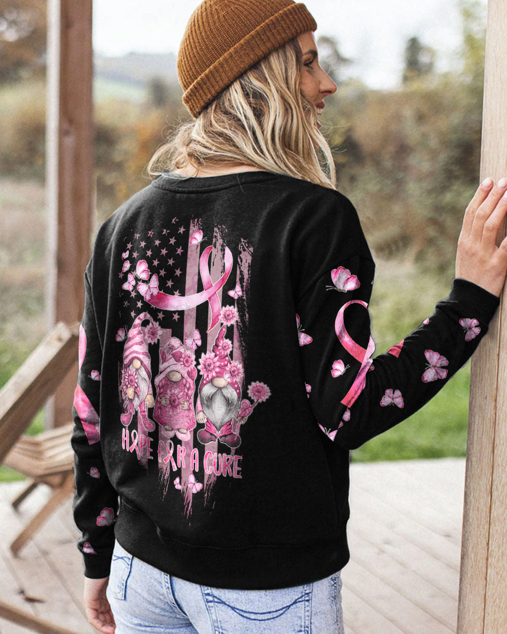 Hope For A Cure Gnome Pink Ribbons Flag Women's Breast Cancer Awareness Sweatshirt