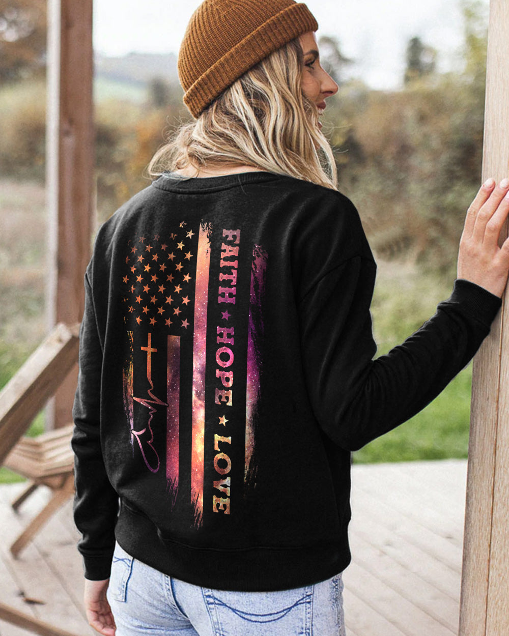 Faith Hope Love Galaxy Flag Heartbeat Women's Christian Sweatshirt