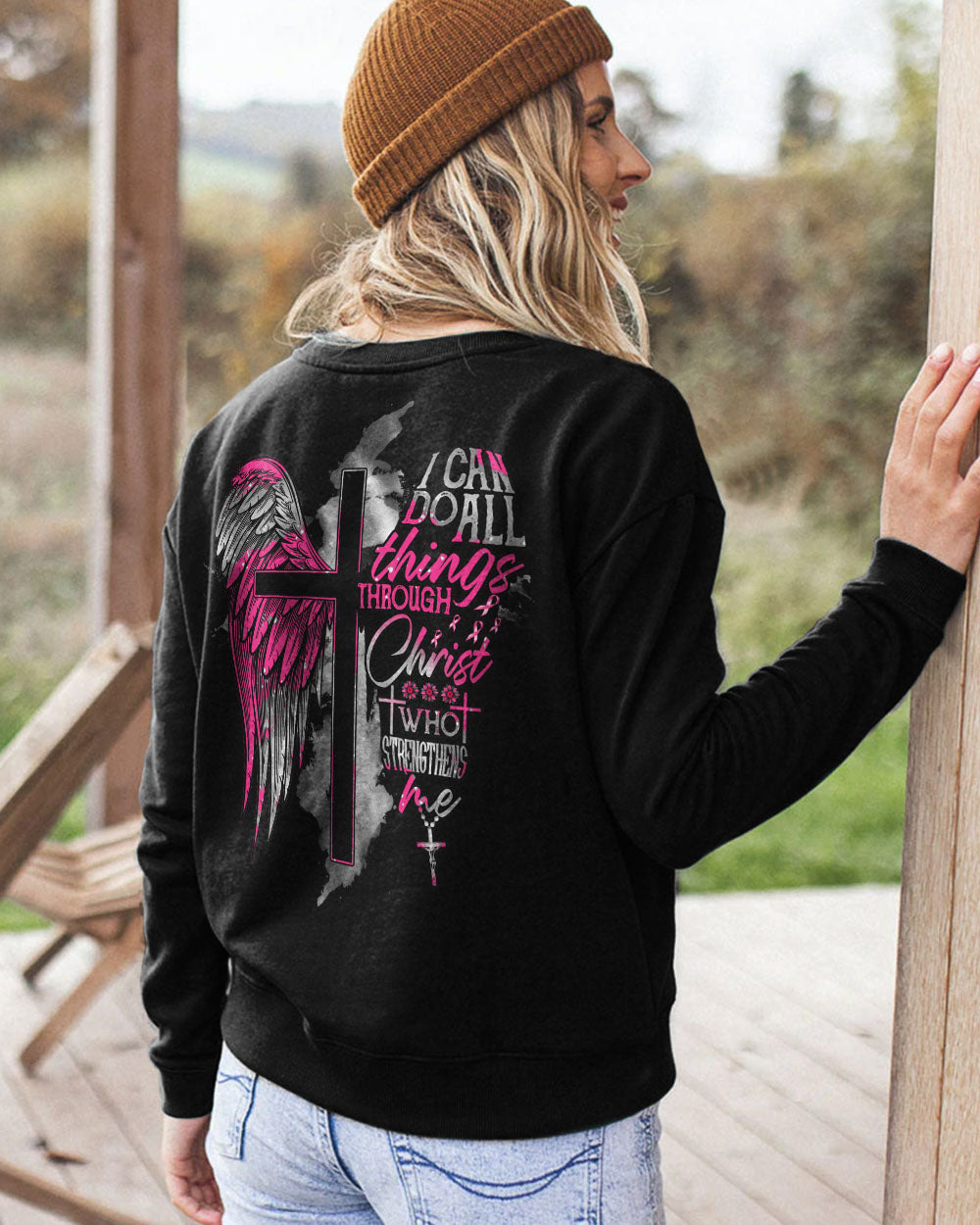 I Can Do All Things Through Christ Half Wings Cross Women's Breast Cancer Awareness Sweatshirt