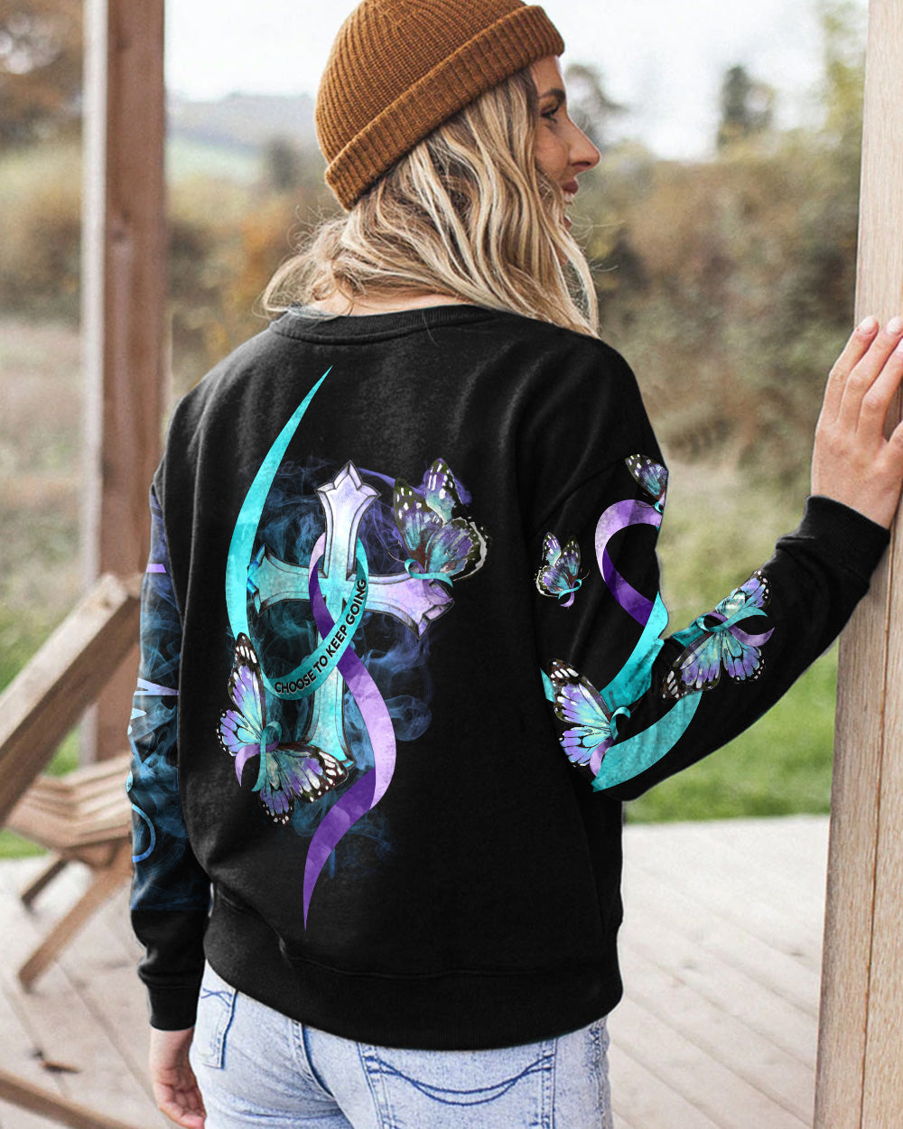 Choose To Keep Going Cross Smoke Butterfly Ribbons Women's Christian Sweatshirt