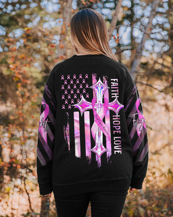 Faith Hope Love Cross Cancer Pink Holo Ribbons Flag Women's Breast Cancer Awareness Sweatshirt
