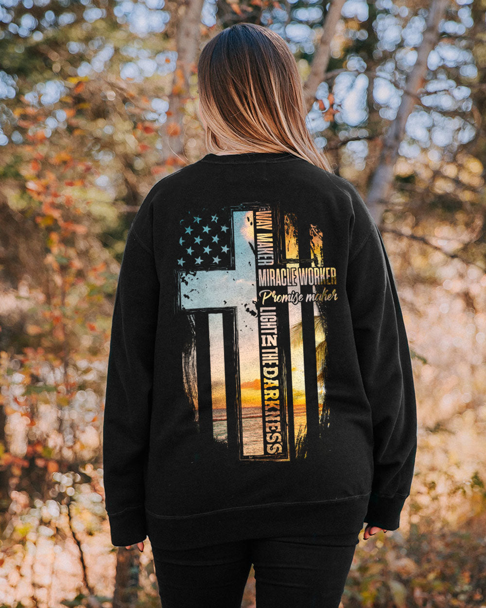 Way Maker Miracle Worker Sunset Beach Flag Half Cross Women's Christian Sweatshirt