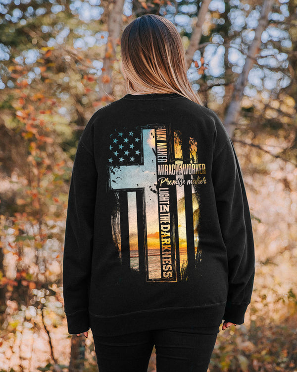 Way Maker Miracle Worker Sunset Beach Flag Half Cross Women's Christian Sweatshirt
