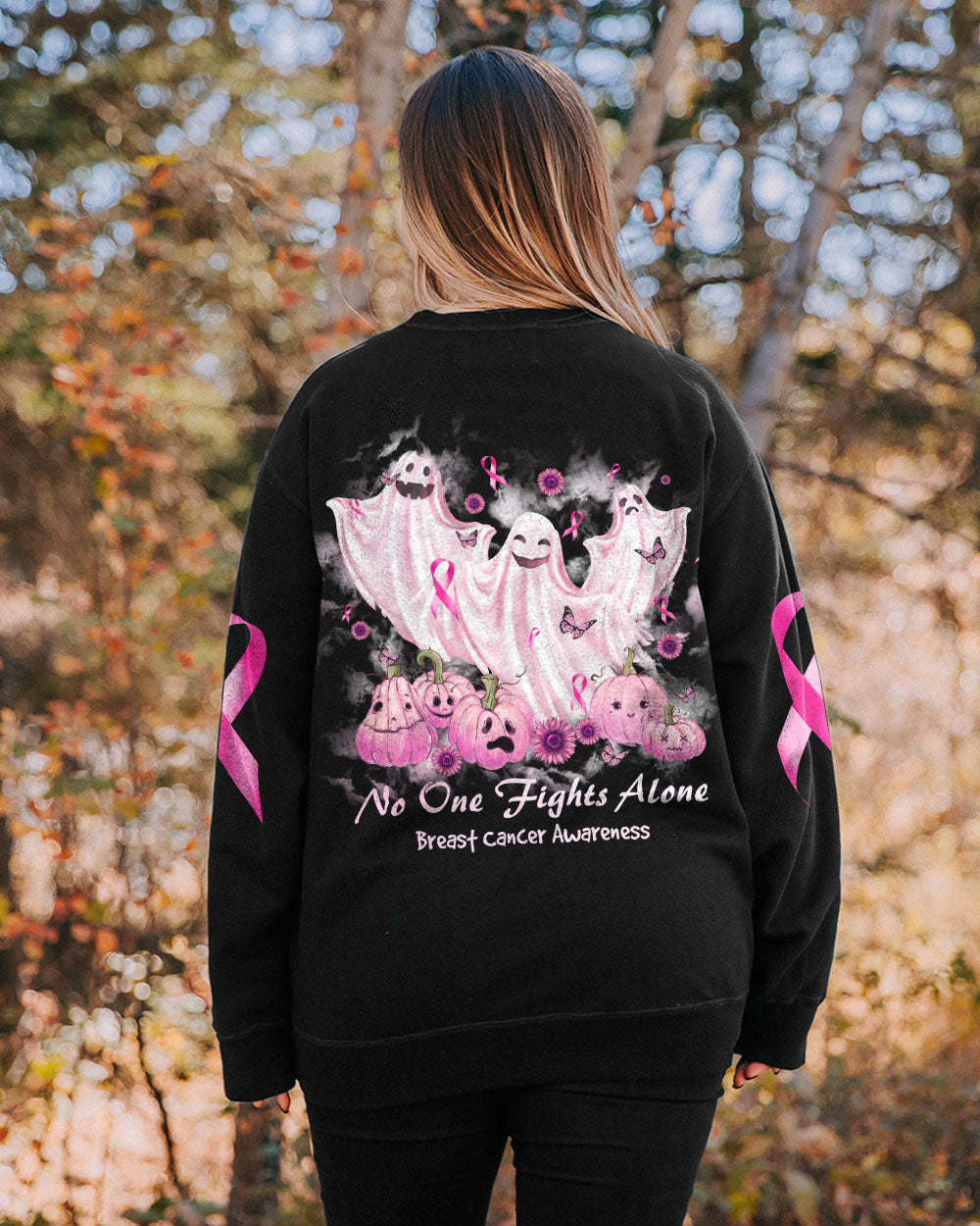 No One Fights Alone Boo Halloween Women's Breast Cancer Awareness Sweatshirt