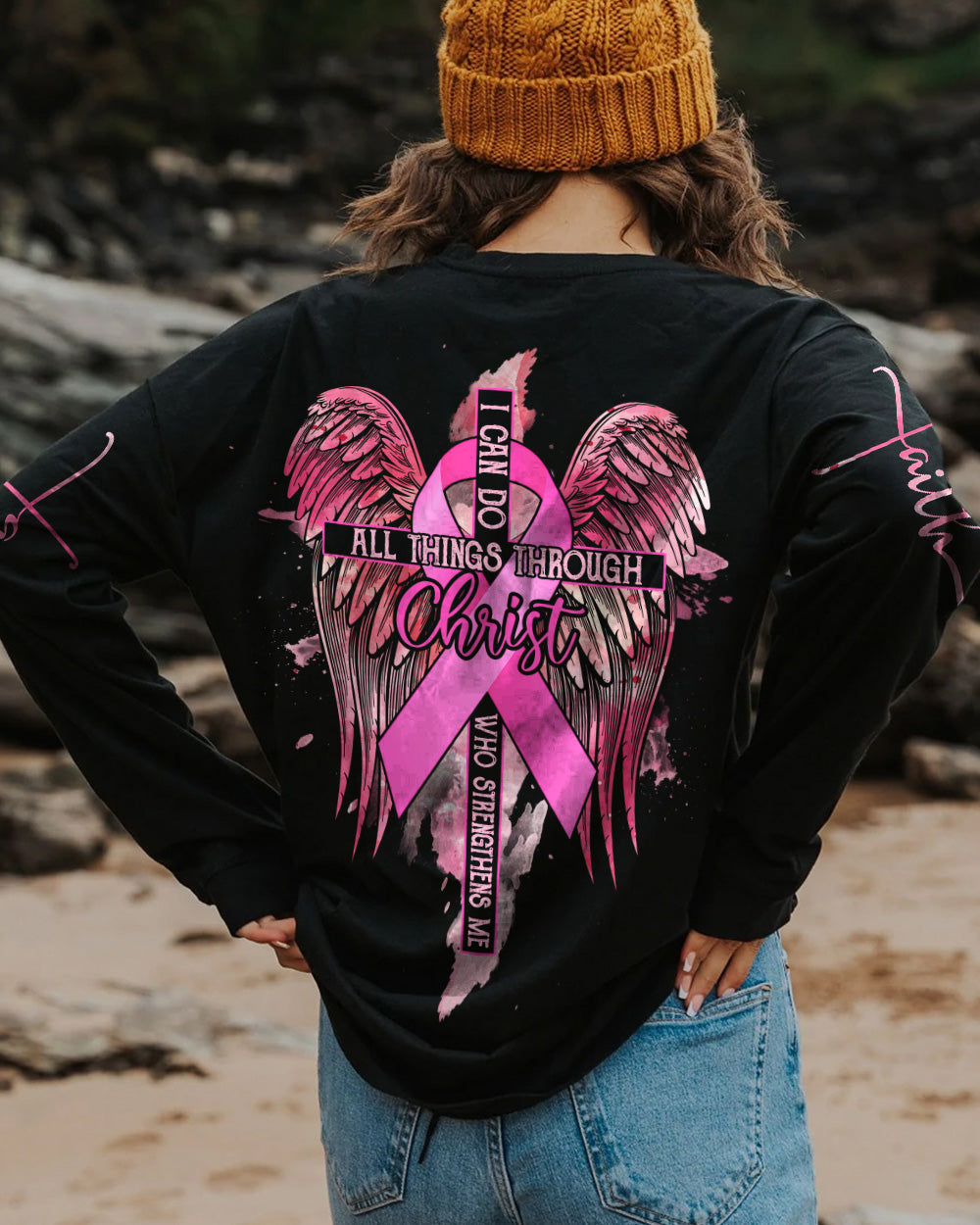 I Can Do All Things Through Christ Pink Wings Cross Ribbon Women's Breast Cancer Awareness Sweatshirt