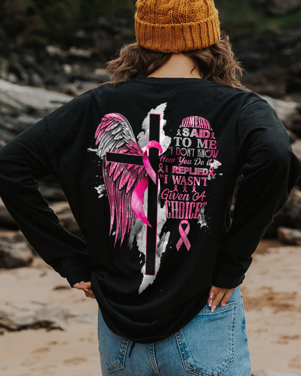 I Wasn't Given A Choice Half Wings Pink Ribbons Women's Breast Cancer Awareness Sweatshirt