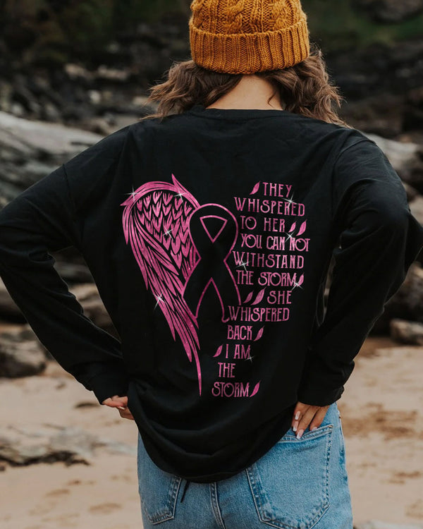 They Whispered To Her You Cannot Withstand The Storm Half Wing Ribbon Women's Breast Cancer Awareness Sweatshirt