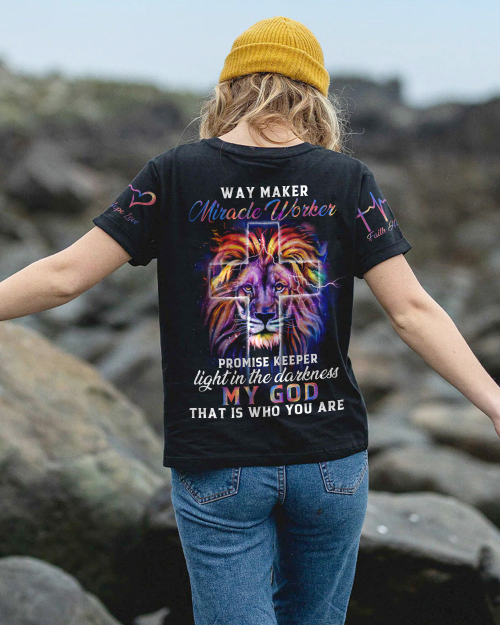 Way Maker Miracle Worker Colorful Lion Faith Heart Beat Women's Christian Tshirt