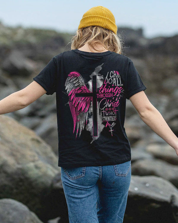 I Can Do All Things Through Christ Half Wings Cross Women's Breast Cancer Awareness Tshirt
